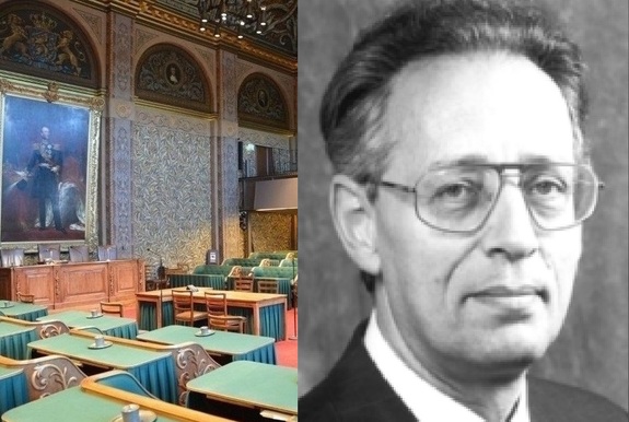 Fotocollage van de plenaire vergaderzaal van de Eerste Kamer en zwartwitportret 